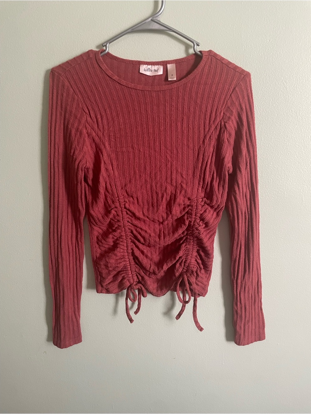 Willow+Root Ruched Ribbed Long-Sleeve Crop Top - Rosewood